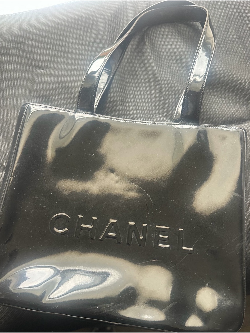 Authentic Vintage CHANEL Black Patent Leather Tote with Embossed Logo